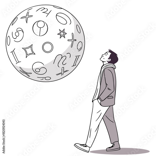 Man looking up at a large sphere covered in astrological symbols and zodiac signs