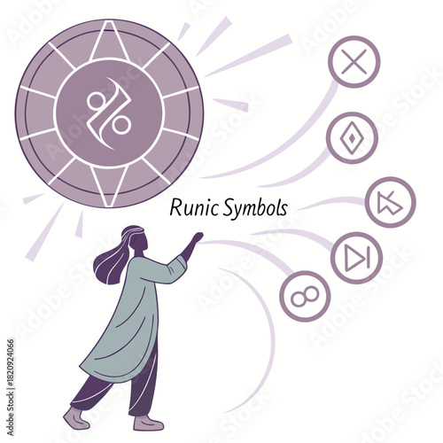Mystical woman interacting with ancient runic symbols and a circular divination wheel