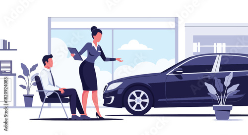 Car dealer presenting vehicle options to customer inside modern showroom. Ideal for automotive business ads, dealership promotions, sales brochures, and marketing visuals