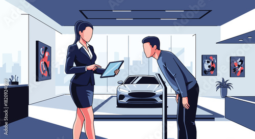 Car dealer presenting vehicle options to customer inside modern showroom. Ideal for automotive business ads, dealership promotions, sales brochures, and marketing visuals
