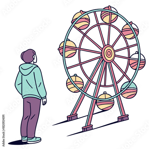 A person wearing a hoodie and pants looks up at a colorful ferris wheel at an amusement park