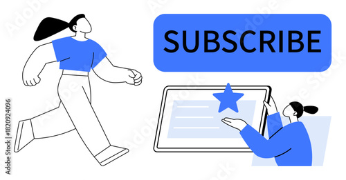 People interacting with a subscription process, featuring a star-branded tablet. Ideal for marketing, branding, digital engagement, online services, user interaction, subscription platforms, customer