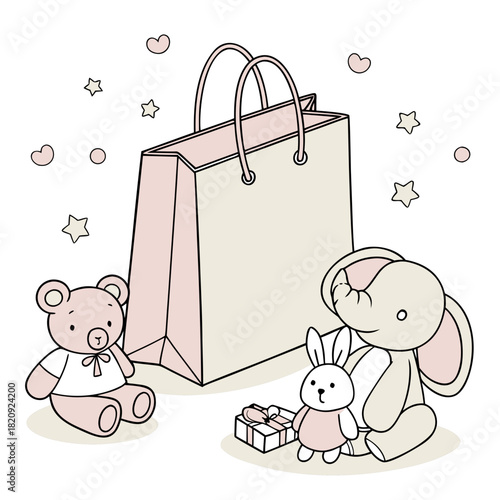 Cute cartoon stuffed animals and gift bag with hearts and stars for baby shower or birthday celebration