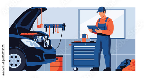 Mechanic using digital tablet for engine diagnostics inside clean workshop. Ideal for auto repair ads, garage services, diagnostics visuals, and mechanic illustrations