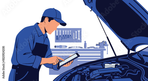 Mechanic using digital tablet for engine diagnostics inside clean workshop. Ideal for auto repair ads, garage services, diagnostics visuals, and mechanic illustrations