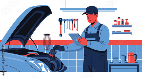 Mechanic using digital tablet for engine diagnostics inside clean workshop. Ideal for auto repair ads, garage services, diagnostics visuals, and mechanic illustrations
