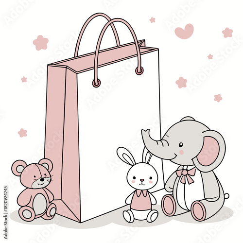Cute cartoon baby elephant bunny and teddy bear with a gift bag and stars