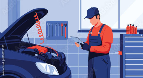 Mechanic using digital tablet for engine diagnostics inside clean workshop. Ideal for auto repair ads, garage services, diagnostics visuals, and mechanic illustrations