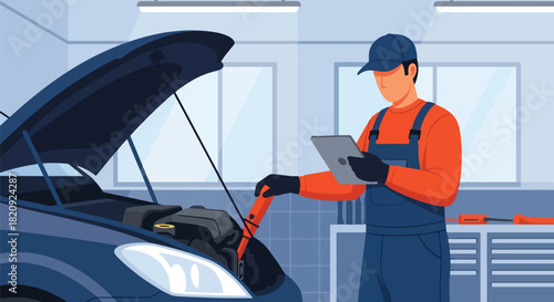 Mechanic using digital tablet for engine diagnostics inside clean workshop. Ideal for auto repair ads, garage services, diagnostics visuals, and mechanic illustrations