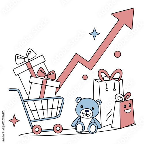 Shopping cart filled with gifts and a teddy bear with a rising graph indicating sales growth