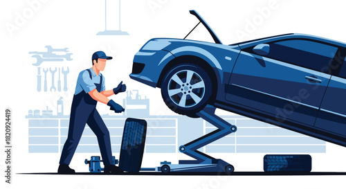 Mechanic changing tires in professional auto repair shop with clean tools. Ideal for garage services, maintenance visuals, car repair ads, and automotive illustrations