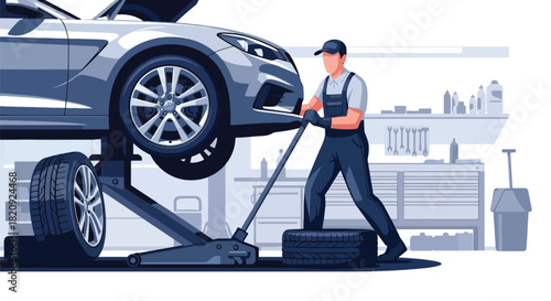 Mechanic changing tires in professional auto repair shop with clean tools. Ideal for garage services, maintenance visuals, car repair ads, and automotive illustrations