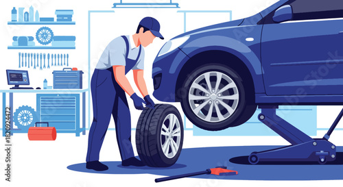 Mechanic changing tires in professional auto repair shop with clean tools. Ideal for garage services, maintenance visuals, car repair ads, and automotive illustrations
