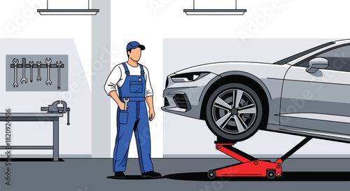 Mechanic changing tires in professional auto repair shop with clean tools. Ideal for garage services, maintenance visuals, car repair ads, and automotive illustrations