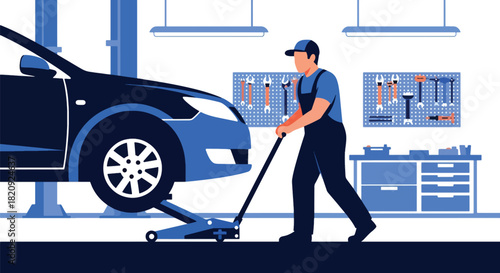 Mechanic changing tires in professional auto repair shop with clean tools. Ideal for garage services, maintenance visuals, car repair ads, and automotive illustrations