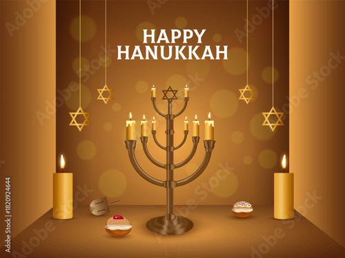 Golden realistic menorah, candlestick with burning eight candles, food and games for Hanukkah holiday celebration, Traditional israel festival decoration vector illustration.