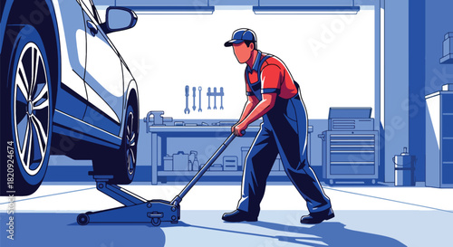 Mechanic changing tires in professional auto repair shop with clean tools. Ideal for garage services, maintenance visuals, car repair ads, and automotive illustrations