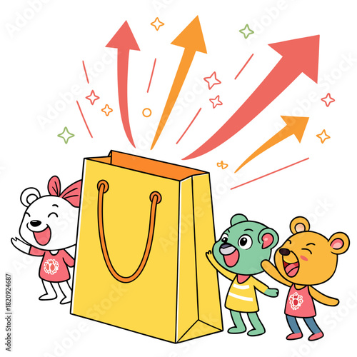 Cute cartoon bears celebrate a surprise gift emerging from a bright yellow shopping bag with upward arrows and stars