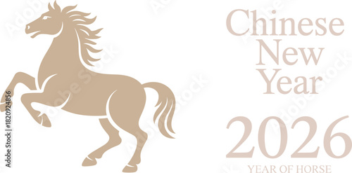 Chinese New Year, 2026, Year of Horse, zodiac animal, rearing horse, celebration, lunar calendar, beige illustration, festive design, tradition, Asian culture, symbolic animal