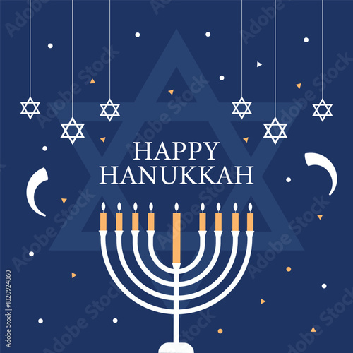 Flat white menorah, candlestick with burning nine candles, hanging stars decoration in blue background vector illustration.