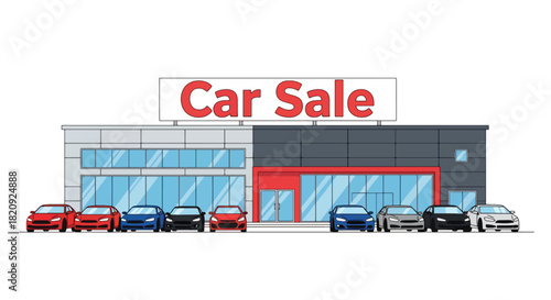 Modern dealership exterior with rows of new vehicles on display. Ideal for car sales ads, showroom promotions, automotive marketing, and dealership branding