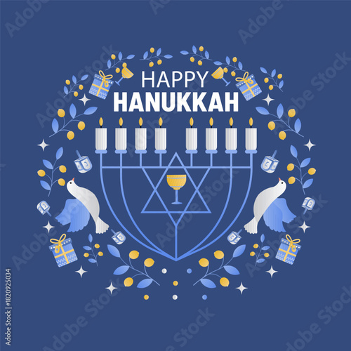 Abstract trendy Flat icon style pattern design, Menorah, candlestick with burning eight candles, dove bird and other jewish elements vector illustration.