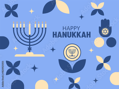 Abstract trendy Flat geometric icon style pattern design with Menorah, candlestick with burning nine candles and other jewish elements vector illustration.