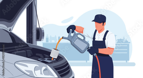 Mechanic performing oil change beneath lifted car in clean garage. Ideal for maintenance ads, auto repair visuals, service promotions, and mechanical illustrations