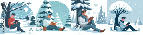 man leaning against snowy diphony reading a book