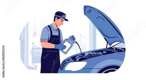 Mechanic performing oil change beneath lifted car in clean garage. Ideal for maintenance ads, auto repair visuals, service promotions, and mechanical illustrations
