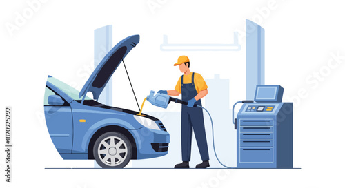 Mechanic performing oil change beneath lifted car in clean garage. Ideal for maintenance ads, auto repair visuals, service promotions, and mechanical illustrations