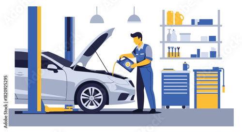 Mechanic performing oil change beneath lifted car in clean garage. Ideal for maintenance ads, auto repair visuals, service promotions, and mechanical illustrations