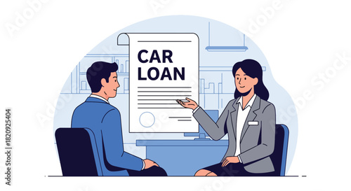 Customer discussing car financing options with advisor at dealership office. Ideal for financial services, auto loans, car buying guides, and dealership marketing