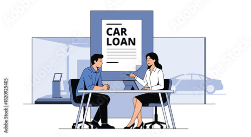 Customer discussing car financing options with advisor at dealership office. Ideal for financial services, auto loans, car buying guides, and dealership marketing