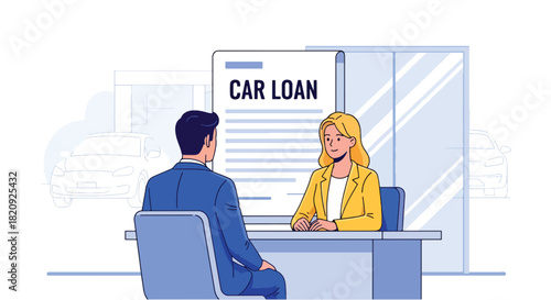 Customer discussing car financing options with advisor at dealership office. Ideal for financial services, auto loans, car buying guides, and dealership marketing