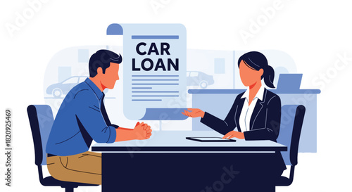 Customer discussing car financing options with advisor at dealership office. Ideal for financial services, auto loans, car buying guides, and dealership marketing