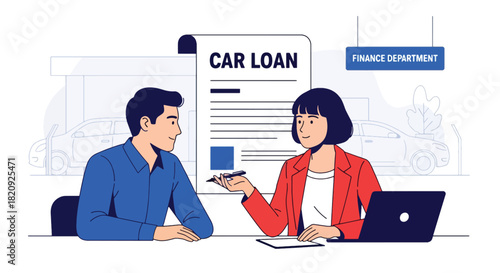 Customer discussing car financing options with advisor at dealership office. Ideal for financial services, auto loans, car buying guides, and dealership marketing