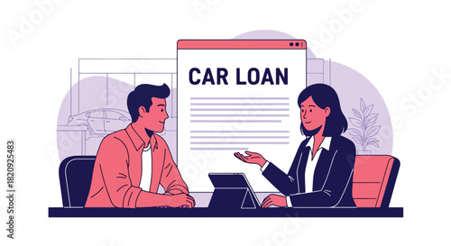 Customer discussing car financing options with advisor at dealership office. Ideal for financial services, auto loans, car buying guides, and dealership marketing