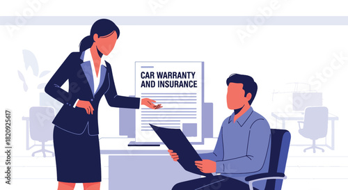 Dealer explaining car warranty and insurance details to customer. Ideal for automotive service guides, business visuals, and dealership communication content