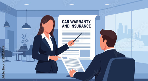 Dealer explaining car warranty and insurance details to customer. Ideal for automotive service guides, business visuals, and dealership communication content