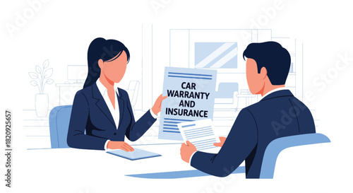 Dealer explaining car warranty and insurance details to customer. Ideal for automotive service guides, business visuals, and dealership communication content