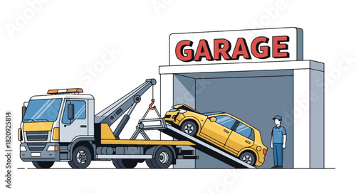 Tow truck unloading damaged car at repair shop entrance. Ideal for roadside assistance visuals, auto repair ads, and vehicle recovery illustrations