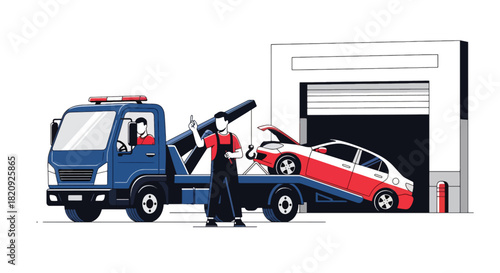 Tow truck unloading damaged car at repair shop entrance. Ideal for roadside assistance visuals, auto repair ads, and vehicle recovery illustrations