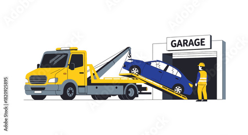 Tow truck unloading damaged car at repair shop entrance. Ideal for roadside assistance visuals, auto repair ads, and vehicle recovery illustrations