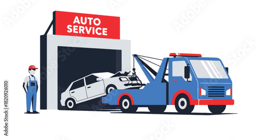 Tow truck unloading damaged car at repair shop entrance. Ideal for roadside assistance visuals, auto repair ads, and vehicle recovery illustrations