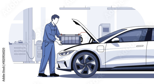 Mechanic installing new car battery inside modern garage. Ideal for maintenance ads, automotive service content, repair shop visuals, and mechanic illustrations