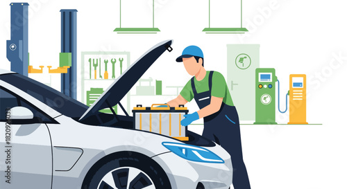 Mechanic installing new car battery inside modern garage. Ideal for maintenance ads, automotive service content, repair shop visuals, and mechanic illustrations