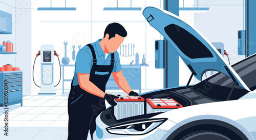 Mechanic installing new car battery inside modern garage. Ideal for maintenance ads, automotive service content, repair shop visuals, and mechanic illustrations