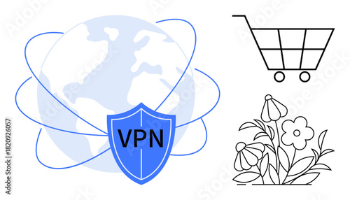 Earth with VPN shield for secure browsing, shopping cart for e-commerce, and flowers for nature. Ideal for online security, global business, privacy, shopping, technology, gardening