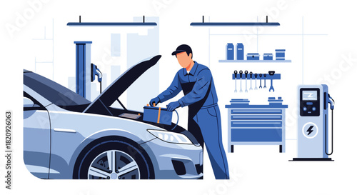 Mechanic installing new car battery inside modern garage. Ideal for maintenance ads, automotive service content, repair shop visuals, and mechanic illustrations